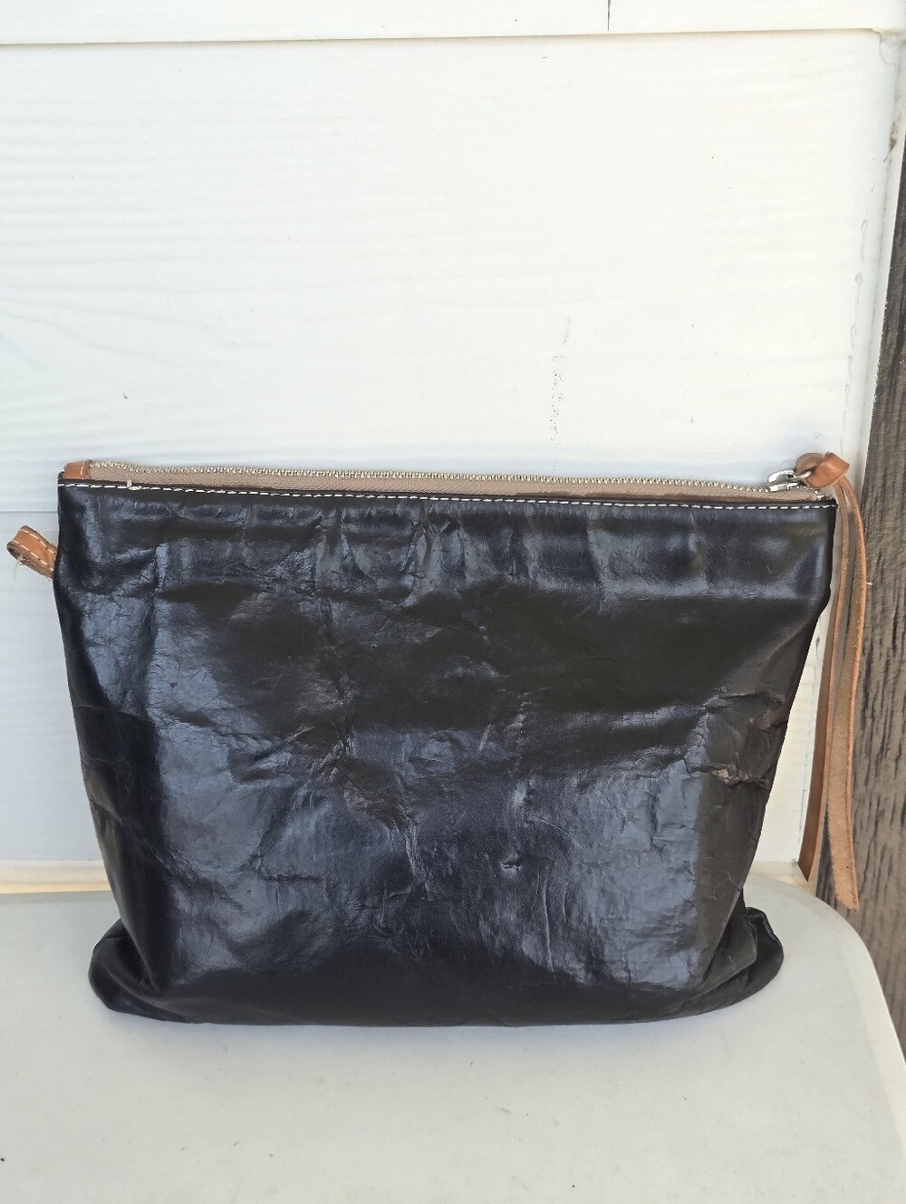 Consuela Black Leather Embroidered Floral Zip Clutch Wristlet Cosmetic Bag 9x11